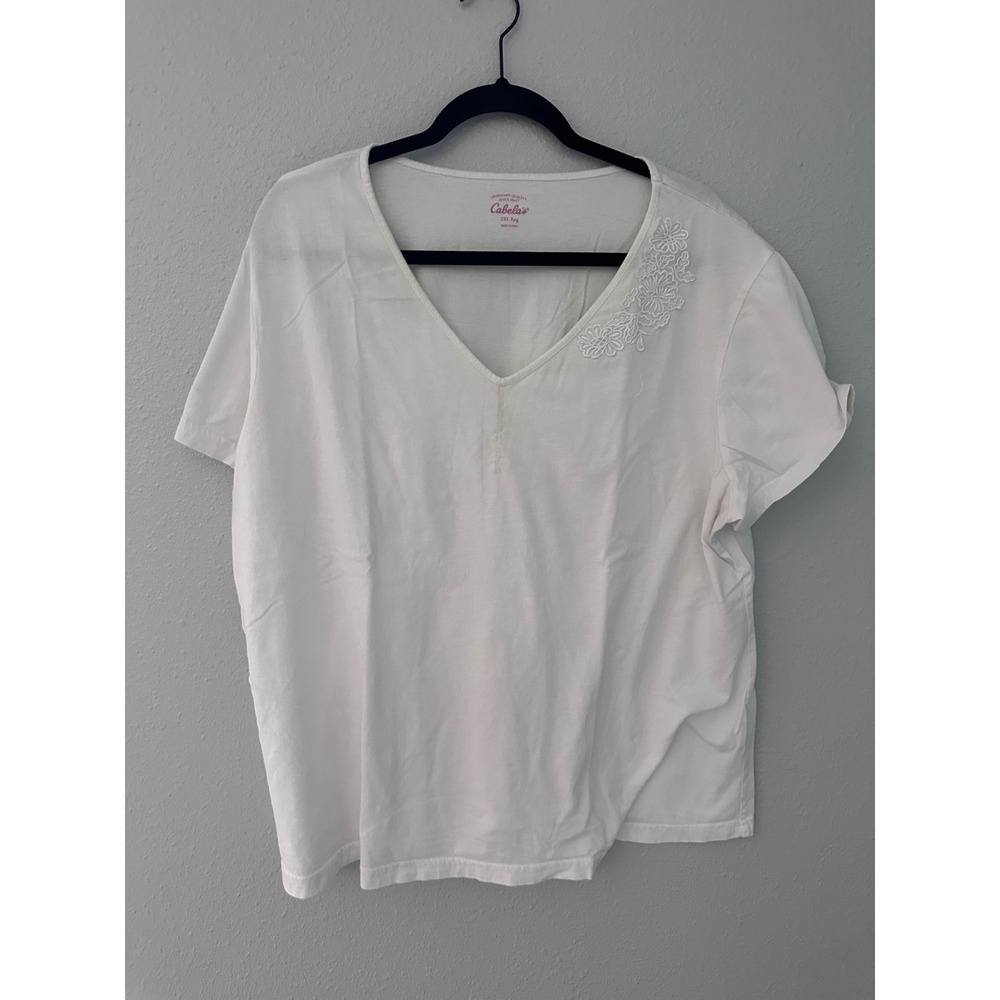 Cabelas Womens 2XL White V-Neck Short Sleeve Lace Floral T-Shirt Top